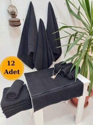 12'li Siyah Kuaför Berber Havlusu 50x90 | Profesyonel Saç Havlusu Ekonomik Set