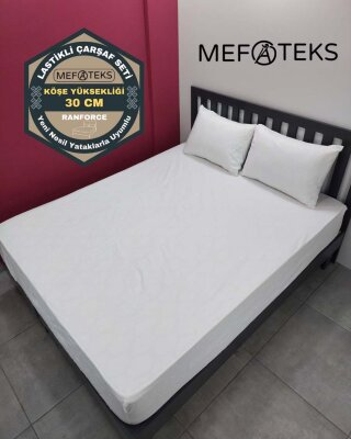 Beyaz Lastikli Çarşaf Seti Çift Kişilik | Komple Lastikli Solmaya Dayanıklı Yüksek Derinlik