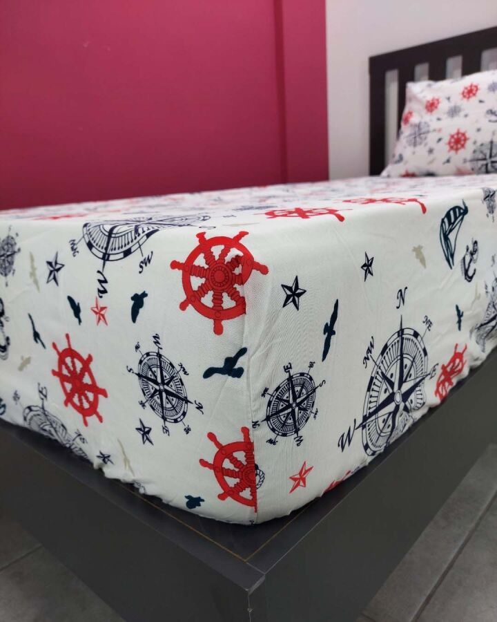 Denizci Baskılı Lastikli Çarşaf Seti Tek Kişilik | Kaymaz, Solmaya Dayanıklı - 3