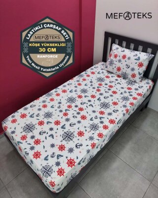 Denizci Baskılı Lastikli Çarşaf Seti Tek Kişilik | Kaymaz, Solmaya Dayanıklı