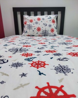 Denizci Baskılı Lastikli Çarşaf Seti Tek Kişilik | Kaymaz, Solmaya Dayanıklı (1)