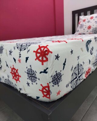 Denizci Baskılı Lastikli Çarşaf Seti Tek Kişilik | Kaymaz, Solmaya Dayanıklı - 3