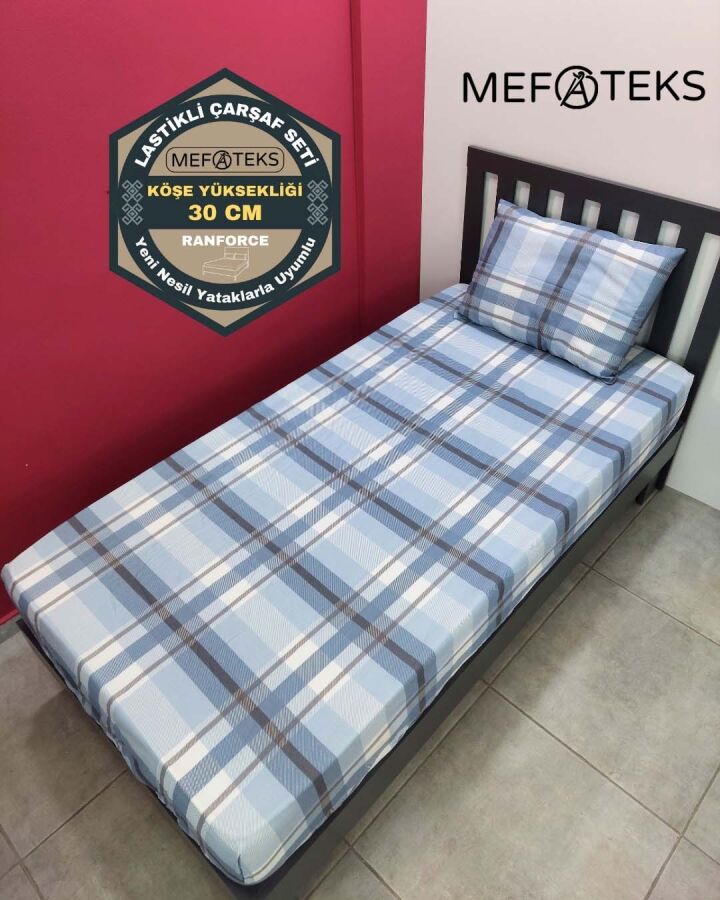 Ekose Mavi Lastikli Çarşaf Seti Tek Kişilik | Kaymaz, Solmaya Dayanıklı  - 1