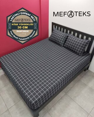 Kareli Siyah Lastikli Çarşaf Seti Çift Kişilik | Komple Lastikli Solmaya Dayanıklı Yüksek Derinlik - 1