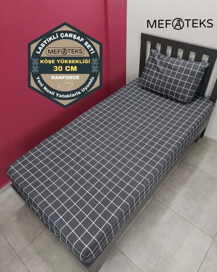 Kareli Siyah Lastikli Çarşaf Seti Tek Kişilik | Kaymaz, Solmaya Dayanıklı  - 1