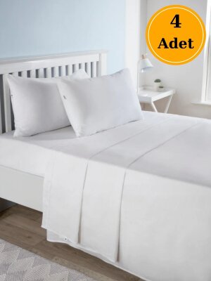 Otel Tipi Çarşaf 4'lü Set Beyaz 180x235 cm | Lastiksiz Ekonomik Tek Kişilik Çarşaf