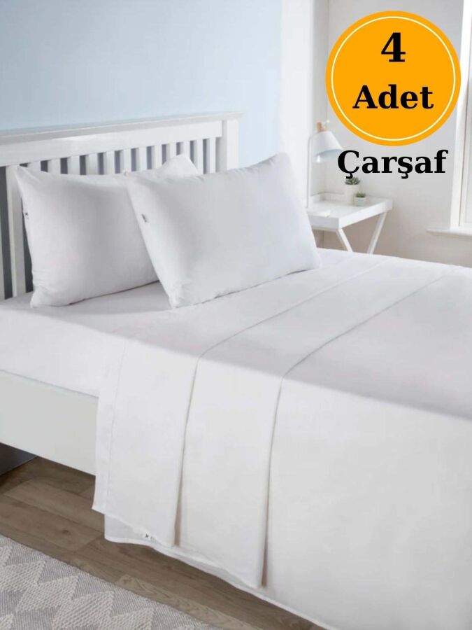 Otel Tipi Çarşaf 4'lü Set Beyaz 180x235 cm | Lastiksiz Ekonomik Tek Kişilik Çarşaf - 1