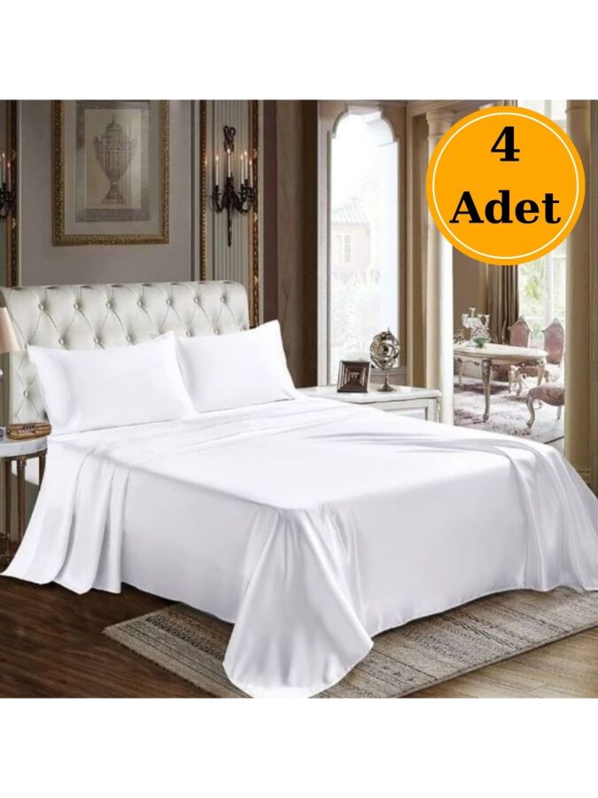 Otel Tipi Çarşaf 4'lü Set Beyaz 235x260 cm | Lastiksiz Ekonomik Çift Kişilik Çarşaf - 1