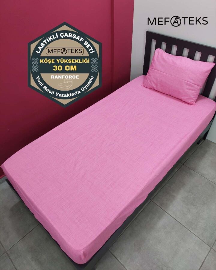 Pembe Fırça Desen Lastikli Çarşaf Seti Tek Kişilik | Kaymaz, Solmaya Dayanıklı - 1