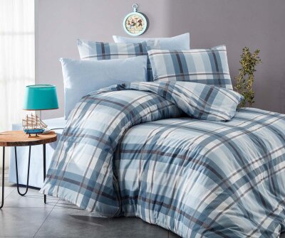 Çift Kişilik Nevresim Takımı Ekose 4477 Mavi 200x220 cm | Pamuklu Basic Yatak Örtüsü Seti 