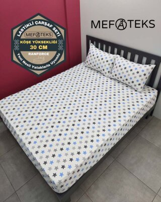 Yıldız Mavi Lastikli Çarşaf Seti Çift Kişilik | Komple Lastikli Solmaya Dayanıklı Yüksek Derinlik  