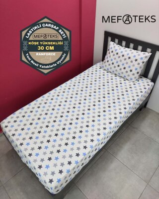 Yıldız Mavi Lastikli Çarşaf Seti Tek Kişilik | Kaymaz, Solmaya Dayanıklı