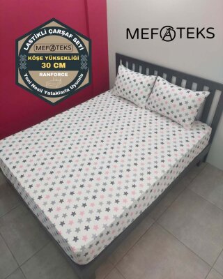 Yıldız Pembe Lastikli Çarşaf Seti Çift Kişilik | Komple Lastikli Solmaya Dayanıklı Yüksek Derinlik 