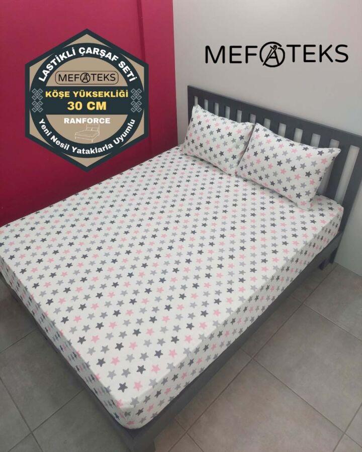 Yıldız Pembe Lastikli Çarşaf Seti Çift Kişilik | Komple Lastikli Solmaya Dayanıklı Yüksek Derinlik  - 1
