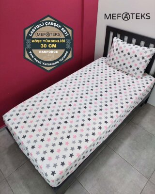 Yıldız Pembe Lastikli Çarşaf Seti Tek Kişilik | Kaymaz, Solmaya Dayanıklı