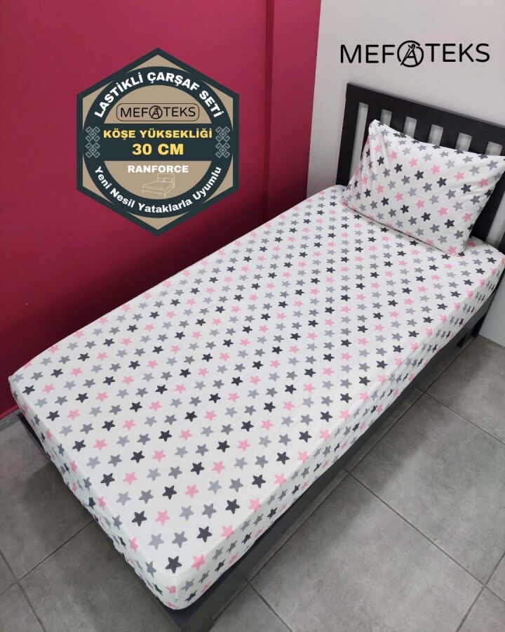Yıldız Pembe Lastikli Çarşaf Seti Tek Kişilik | Kaymaz, Solmaya Dayanıklı - 1