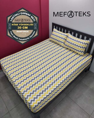 Zigzag Sarı Lastikli Çarşaf Seti Çift Kişilik | Komple Lastikli Solmaya Dayanıklı Yüksek Derinlik