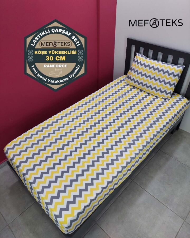Zigzag Sarı Lastikli Çarşaf Seti Tek Kişilik | Kaymaz, Solmaya Dayanıklı - 1