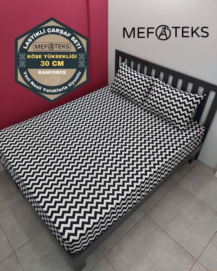 Zigzag Siyah Lastikli Çarşaf Seti Çift Kişilik | Komple Lastikli Solmaya Dayanıklı Yüksek Derinlik - 1