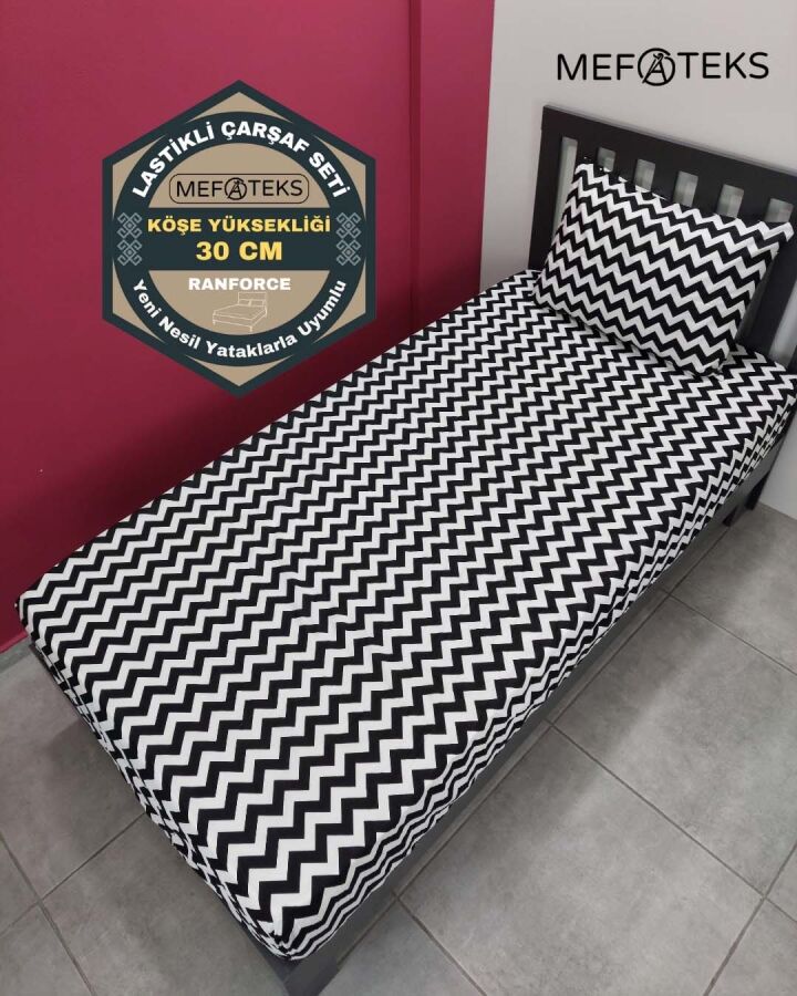 Zigzag Siyah Lastikli Çarşaf Seti Tek Kişilik | Kaymaz, Solmaya Dayanıklı - 1